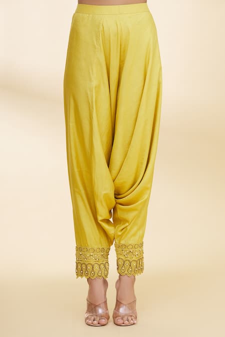Nidzign Couture_Green Crepe Beaded Round Asymmetric Top And Dhoti Pant Set _at_Aza_Fashions