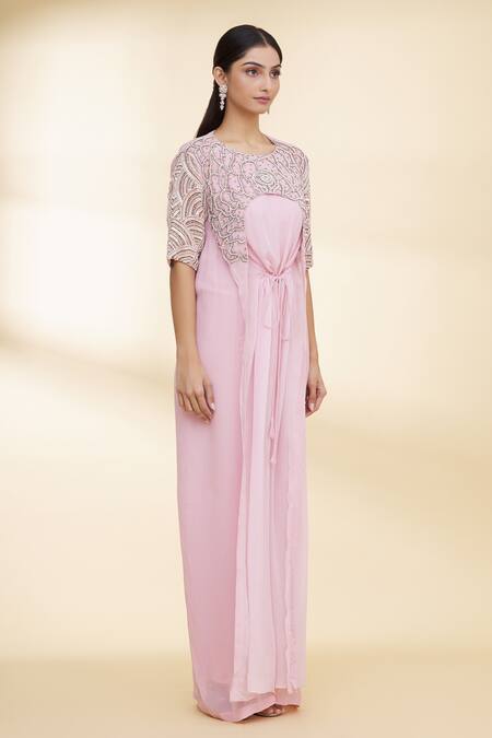 Nidzign Couture_Pink Georgette Floral Motifs Round Front Tie Jumpsuit _Online_at_Aza_Fashions