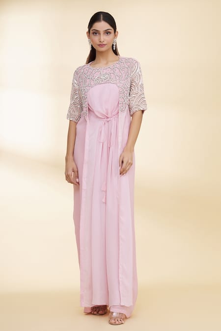 Buy_Nidzign Couture_Pink Georgette Floral Motifs Round Front Tie Jumpsuit _Online_at_Aza_Fashions