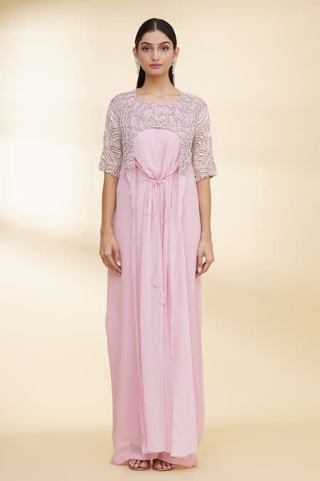 Shop_Nidzign Couture_Pink Georgette Floral Motifs Round Front Tie Jumpsuit _Online_at_Aza_Fashions