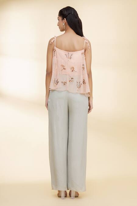 Shop_Nidzign Couture_Green Tulle Embroidered Floral Motifs Scoop Neck Tiered Top And Pant Set _at_Aza_Fashions