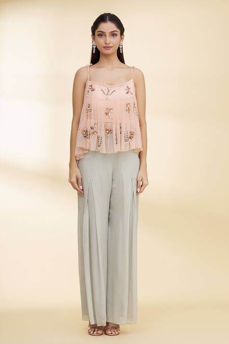 Nidzign Couture_Green Tulle Embroidered Floral Motifs Scoop Neck Tiered Top And Pant Set _Online_at_Aza_Fashions