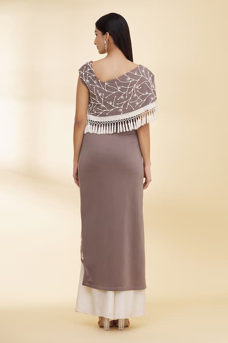 Shop_Nidzign Couture_Brown Neoprene Floral Motifs Asymmetric Tunic And Pant Set _at_Aza_Fashions