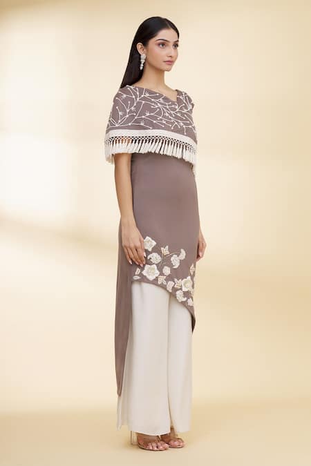 Nidzign Couture_Brown Neoprene Floral Motifs Asymmetric Tunic And Pant Set _Online_at_Aza_Fashions