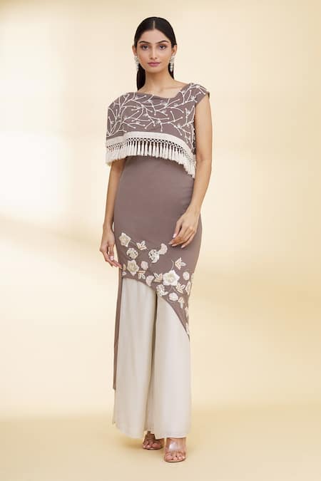 Buy_Nidzign Couture_Brown Neoprene Floral Motifs Asymmetric Tunic And Pant Set _Online_at_Aza_Fashions