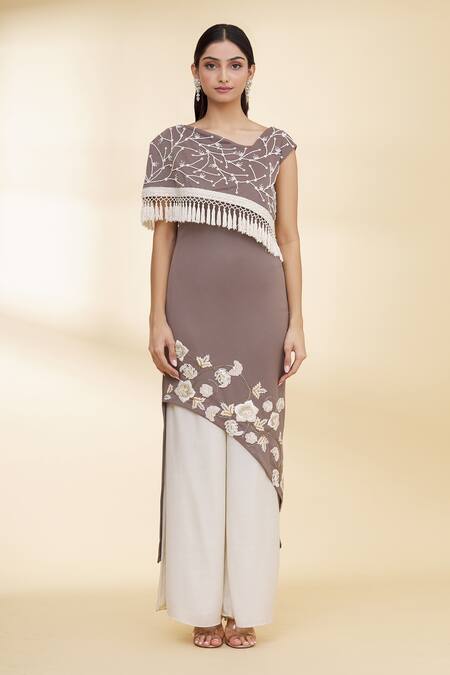 Shop_Nidzign Couture_Brown Neoprene Floral Motifs Asymmetric Tunic And Pant Set _Online_at_Aza_Fashions