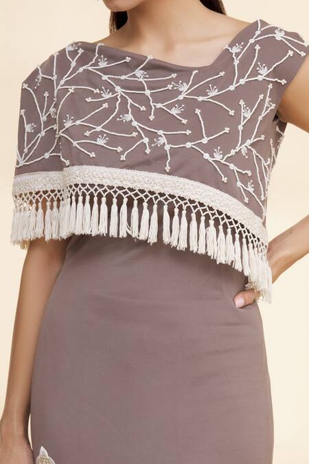 Nidzign Couture_Brown Neoprene Floral Motifs Asymmetric Tunic And Pant Set _at_Aza_Fashions