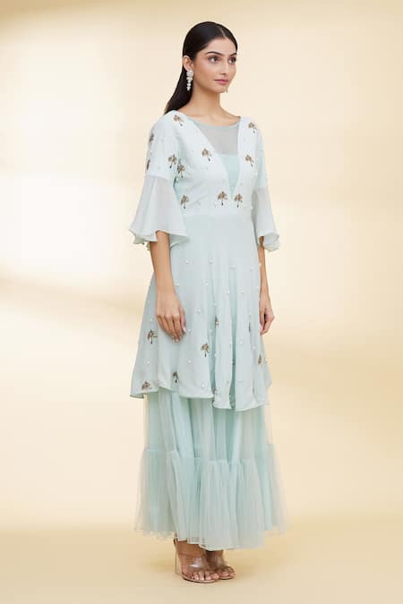 Nidzign Couture_Green Tulle, Crepe Tree Motifs Boat Tiered Skirt And Kurta Set _Online_at_Aza_Fashions