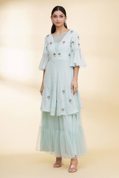 Buy_Nidzign Couture_Green Tulle, Crepe Tree Motifs Boat Tiered Skirt And Kurta Set _Online_at_Aza_Fashions