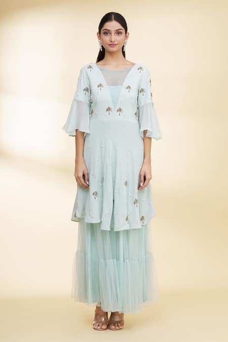 Shop_Nidzign Couture_Green Tulle, Crepe Tree Motifs Boat Tiered Skirt And Kurta Set _Online_at_Aza_Fashions