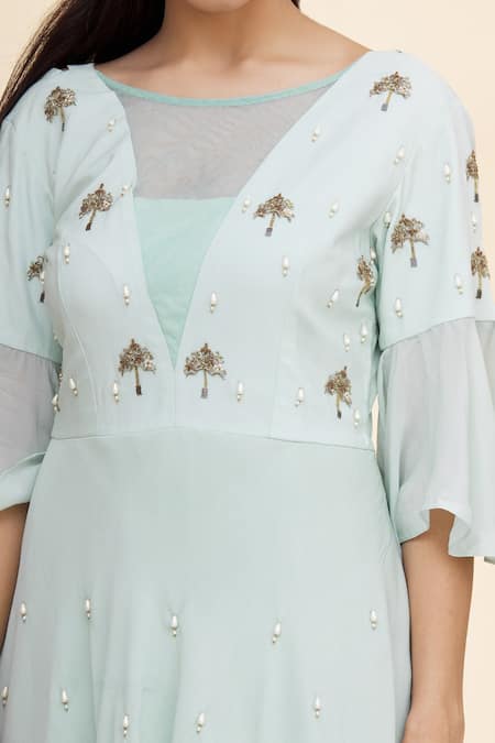 Nidzign Couture_Green Tulle, Crepe Tree Motifs Boat Tiered Skirt And Kurta Set _at_Aza_Fashions