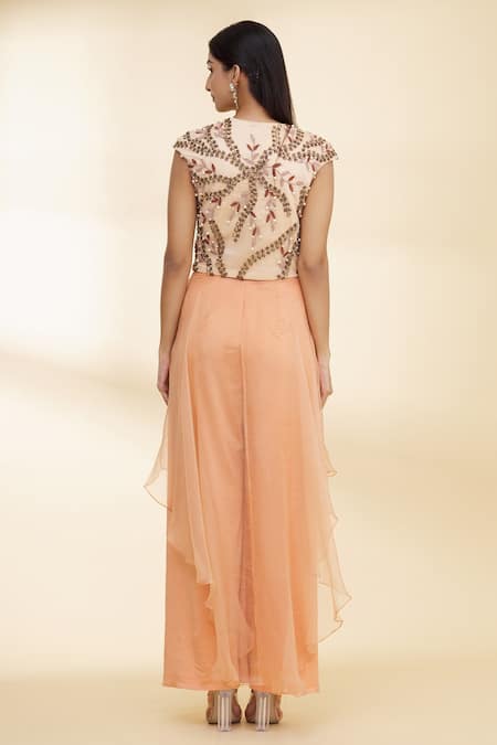 Shop_Nidzign Couture_Orange Organza, Lycra Leaf Motifs Round Embellished Top And Draped Pant Set _at_Aza_Fashions