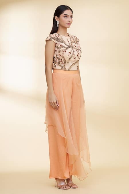 Nidzign Couture_Orange Organza, Lycra Leaf Motifs Round Embellished Top And Draped Pant Set _Online_at_Aza_Fashions