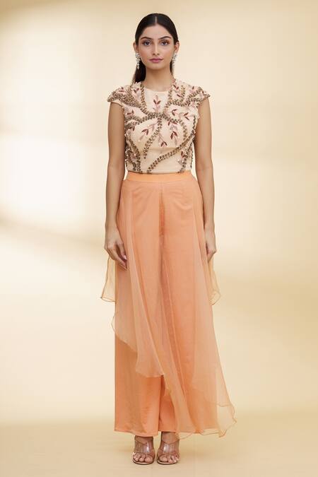 Buy_Nidzign Couture_Orange Organza, Lycra Leaf Motifs Round Embellished Top And Draped Pant Set _Online_at_Aza_Fashions