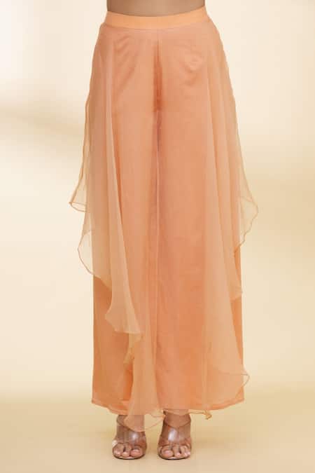 Nidzign Couture_Orange Organza, Lycra Leaf Motifs Round Embellished Top And Draped Pant Set _at_Aza_Fashions
