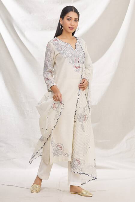 Buy_Rajat & Shraddha_White Kurta Silk  Pant Cotton Dupatta Embroidered Set _Online_at_Aza_Fashions