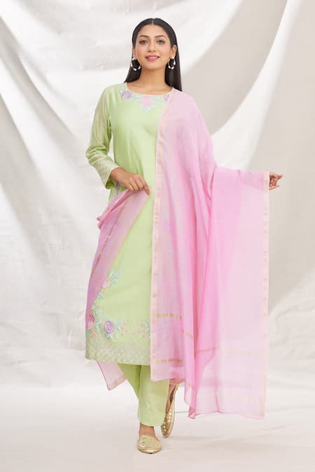Buy_Rajat & Shraddha_Green Kurta And Dupatta Silk Chanderi Pant Cotton Rose Set  _Online_at_Aza_Fashions