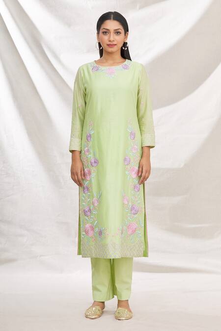 Rajat & Shraddha_Green Kurta And Dupatta Silk Chanderi Pant Cotton Rose Set  _Online_at_Aza_Fashions