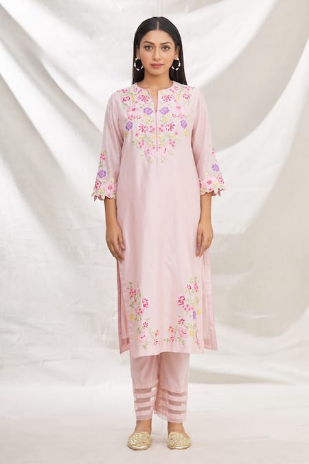 Rajat & Shraddha_Pink Kurta And Dupatta Silk Chanderi Pant Cotton Summer Garden Embroidered Set _Online_at_Aza_Fashions