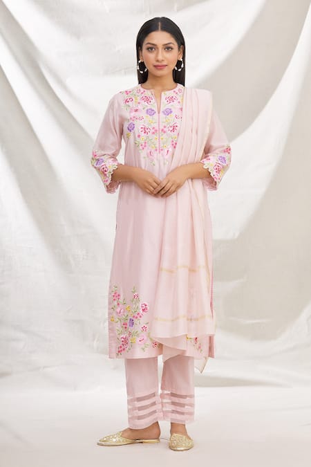 Buy_Rajat & Shraddha_Pink Kurta And Dupatta Silk Chanderi Pant Cotton Summer Garden Embroidered Set _Online_at_Aza_Fashions