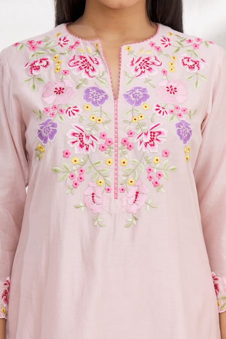 Shop_Rajat & Shraddha_Pink Kurta And Dupatta Silk Chanderi Pant Cotton Summer Garden Embroidered Set _Online_at_Aza_Fashions
