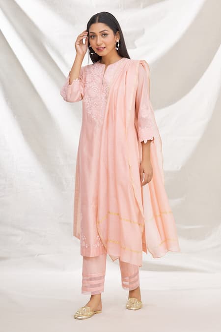 Rajat & Shraddha Peach Kurta And Dupatta Silk Chanderi Pant Cotton Kusum Set 