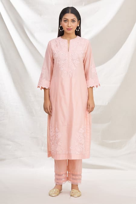 Rajat & Shraddha_Peach Kurta And Dupatta Silk Chanderi Pant Cotton Thread Kusum Embroidered Set _Online_at_Aza_Fashions
