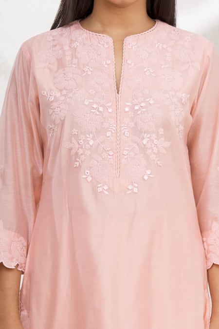 Shop_Rajat & Shraddha_Peach Kurta And Dupatta Silk Chanderi Pant Cotton Thread Kusum Embroidered Set _Online_at_Aza_Fashions