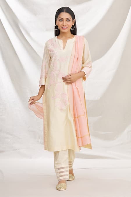 Rajat & Shraddha Beige Kurta And Dupatta Silk Chanderi Pant Cotton Kusum Set 