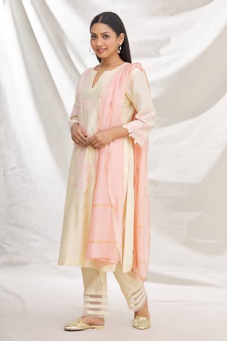 Buy_Rajat Shraddha_Beige Kurta And Dupatta Silk Chanderi Pant Cotton Kusum Set  _Online_at_Aza_Fashions