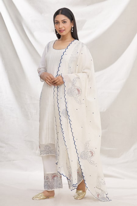 Buy_Rajat & Shraddha_White Kurta Silk  Pant Cotton Dupatta Organza Pleated Set _Online_at_Aza_Fashions