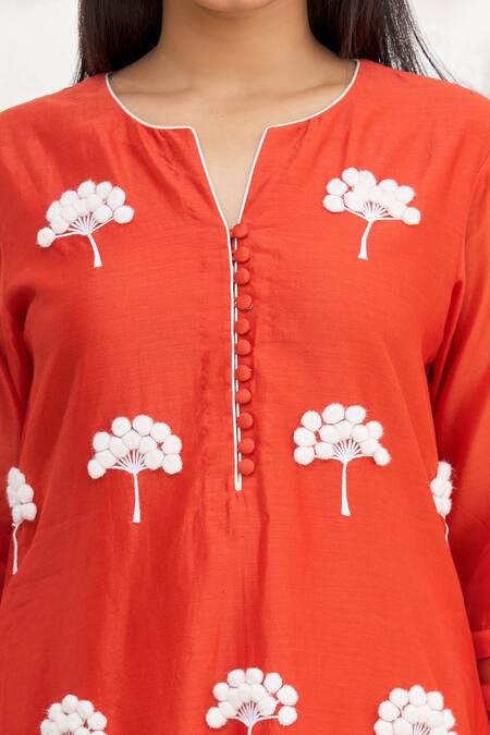 Shop_Rajat & Shraddha_Red Kurta And Dupatta Silk Chanderi Pant Cotton Sinhparni Embroidered Set _Online_at_Aza_Fashions