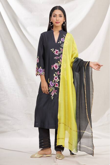 Multi Color Thread Work Black Kurti With Pant