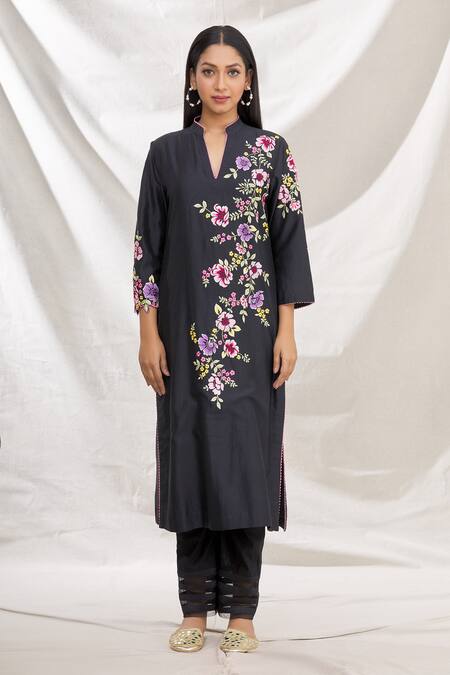 Rajat & Shraddha_Black Kurta And Dupatta Silk Chanderi Pant Summer Garden Embroidered Set _Online_at_Aza_Fashions