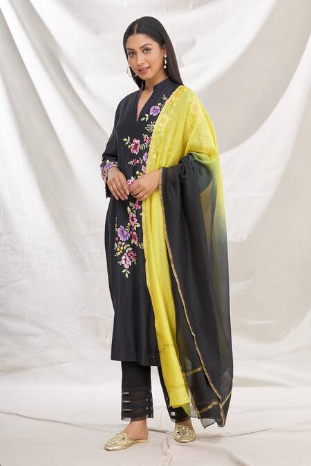 Buy_Rajat & Shraddha_Black Kurta And Dupatta Silk Chanderi Pant Summer Garden Embroidered Set _Online_at_Aza_Fashions