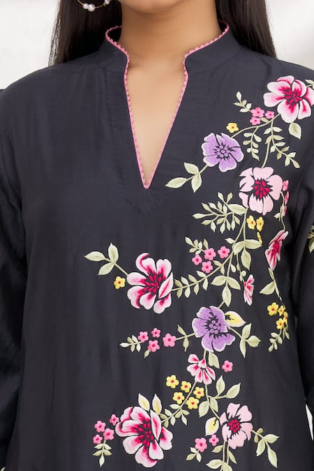 Shop_Rajat & Shraddha_Black Kurta And Dupatta Silk Chanderi Pant Summer Garden Embroidered Set _Online_at_Aza_Fashions