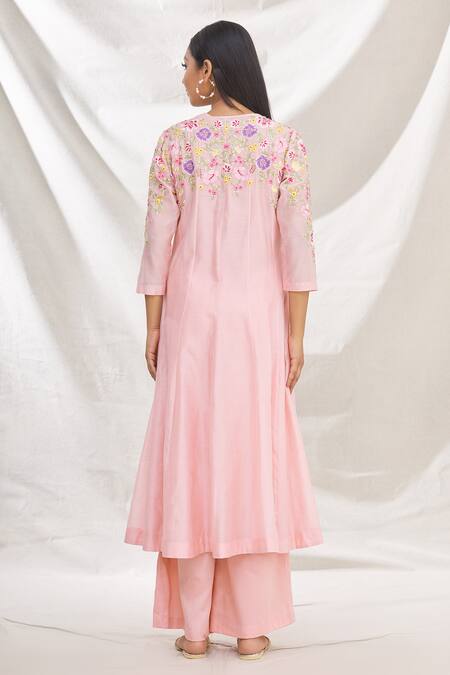 Shop_Rajat & Shraddha_Pink Kurta And Dupatta Silk Chanderi Pant Summer Garden Anarkali Set  _at_Aza_Fashions