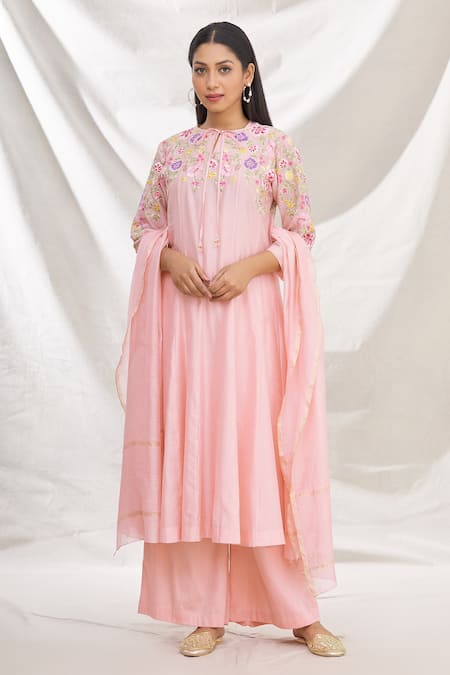 Buy_Rajat & Shraddha_Pink Kurta And Dupatta Silk Chanderi Pant Summer Garden Anarkali Set  _Online_at_Aza_Fashions