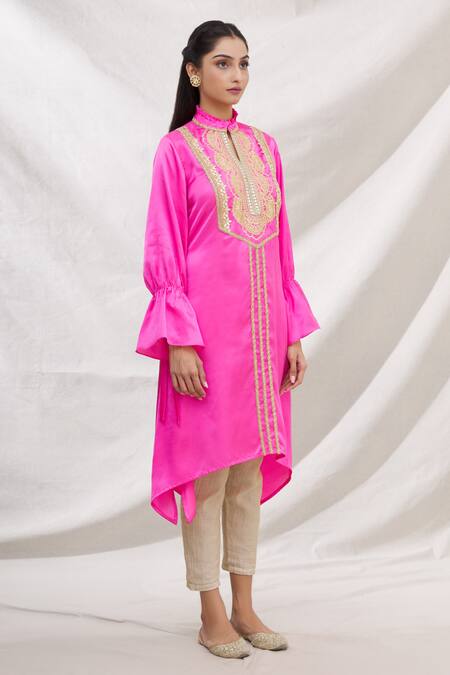 Bhairavi Jaikishan_Pink Modal Satin Embroidered Lace Work High Neck Asymmetric Kurta_Online_at_Aza_Fashions