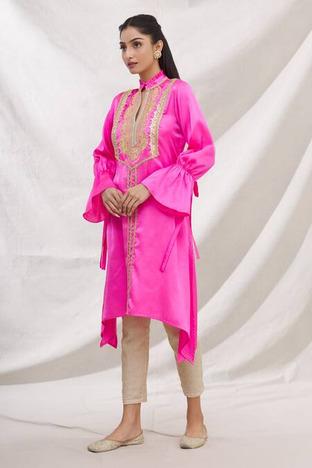 Buy_Bhairavi Jaikishan_Pink Modal Satin Embroidered Lace Work High Neck Asymmetric Kurta_Online_at_Aza_Fashions