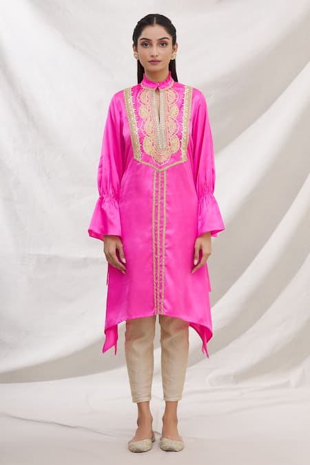 Shop_Bhairavi Jaikishan_Pink Modal Satin Embroidered Lace Work High Neck Asymmetric Kurta_Online_at_Aza_Fashions