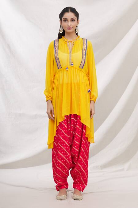 Bhairavi Jaikishan_Yellow Georgette Embroidered Lace Work Asymmetric Kurta And Draped Pant Set_Online_at_Aza_Fashions