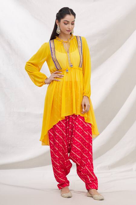 Buy_Bhairavi Jaikishan_Yellow Georgette Embroidered Lace Work Asymmetric Kurta And Draped Pant Set_Online_at_Aza_Fashions