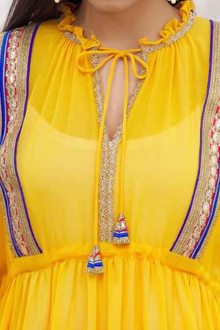 Shop_Bhairavi Jaikishan_Yellow Georgette Embroidered Lace Work Asymmetric Kurta And Draped Pant Set_Online_at_Aza_Fashions