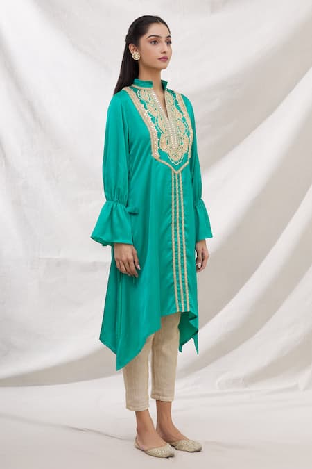 Bhairavi Jaikishan_Green Modal Satin Embroidered Lace And Gota Notched Asymmetric Kurta_Online_at_Aza_Fashions