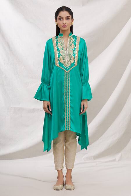 Shop_Bhairavi Jaikishan_Green Modal Satin Embroidered Lace And Gota Notched Asymmetric Kurta_Online_at_Aza_Fashions