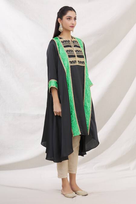 Bhairavi Jaikishan_Black Modal Satin Embroidered Resham Round Kurta_Online_at_Aza_Fashions