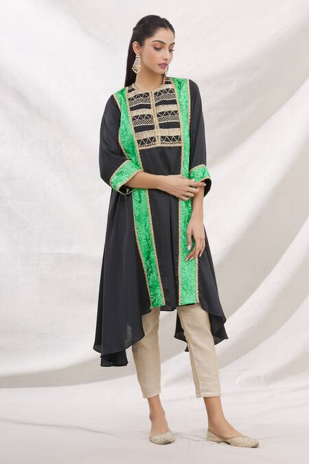 Buy_Bhairavi Jaikishan_Black Modal Satin Embroidered Resham Round Kurta_Online_at_Aza_Fashions