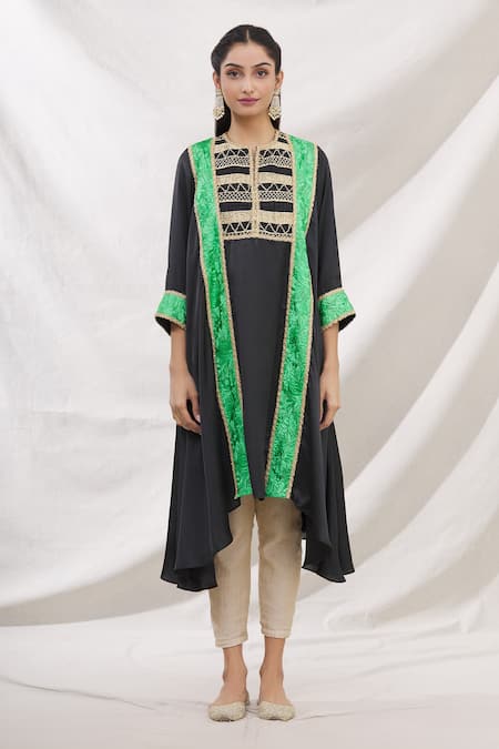 Shop_Bhairavi Jaikishan_Black Modal Satin Embroidered Resham Round Kurta_Online_at_Aza_Fashions
