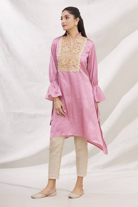 Buy_Bhairavi Jaikishan_Pink Modal Satin Embroidered Gota And Lace V Neck Leaf Asymmetric Kurta_Online_at_Aza_Fashions